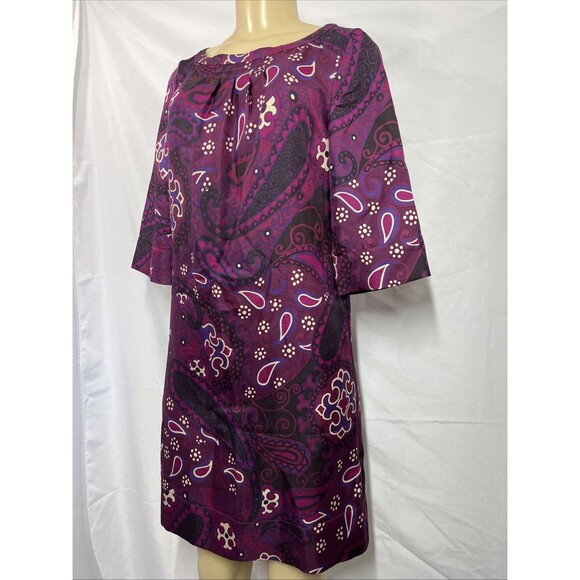 Banana Republic Silk Purple Pink Paisley Print 3/4 Sleeve Pleated Dress Size 2 - Picture 3 of 16